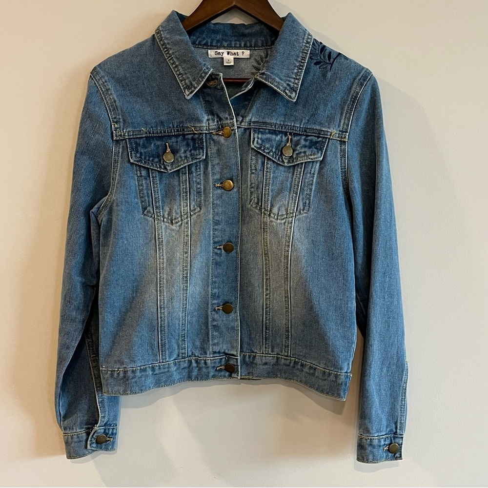 Say What? Embroidered Boho Denim Jacket Floral Blue and White Embroidered Sz S - Picture 2 of 9